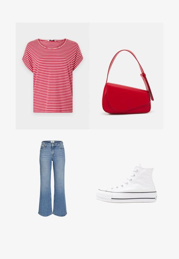 Rood-wit gestreepte t-shirt van zachte katoen. Heeft een ronde hals en korte mouwen met een losse, relaxte pasvorm.; Lichtblauwe denim flared jeans met een hoge taille, voorzien van voorzakken, een rits en subtiele vervaging. De stiksels zijn zichtbaar langs de randen.; Witte high-top canvas sneakers met een zwarte rubberen zool, een rubberen neuskap aan de voorkant en zes gaatjes voor veters, met een schone, minimalistische uitstraling.; Rode leren handtas met een hoekig, geometrisch ontwerp. Beschikt over een enkele verstelbare schouderriem en een klepclosure met gestikte details.