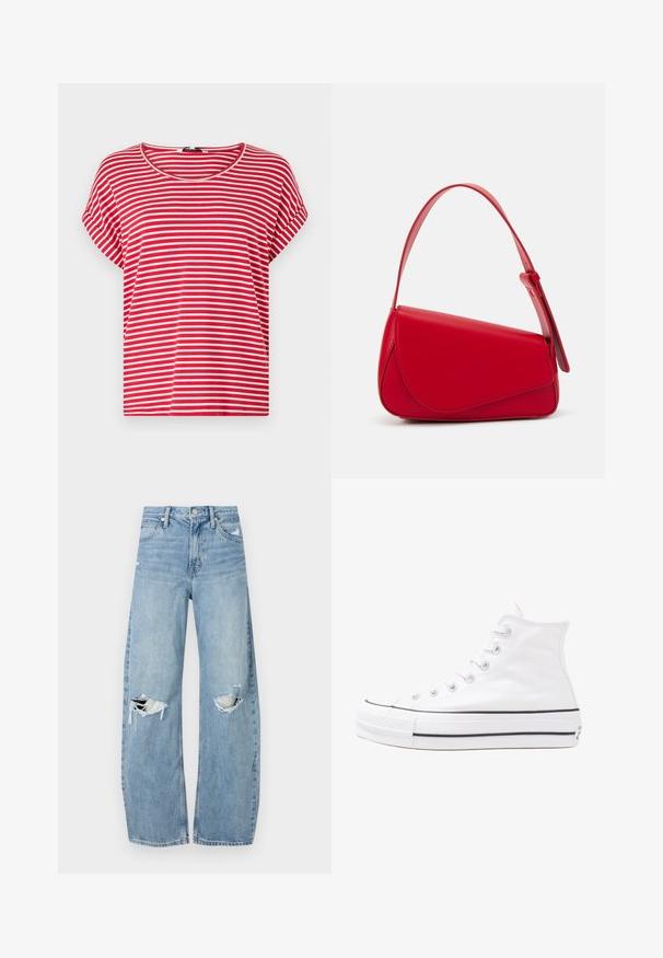 Red and white striped t-shirt made of soft cotton. Features a round neck and short sleeves with a loose, relaxed fit.; Light blue, high-waisted jeans made of denim. Feature wide legs, two torn knee areas, and classic five-pocket styling.; White high-top canvas sneaker with black rubber sole, front rubber toe cap, and six eyelets for laces, featuring a clean, minimalist design.; Red leather handbag with an angular, geometric design. Features a single adjustable strap and a flap closure with stitched detailing.