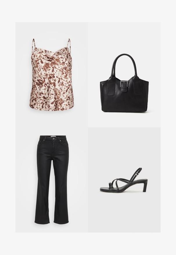 Satin kamisola v rjavih in bež pikah z tankimi naramnicami in drapirano ovratnikom, gladka tekstura in sproščen kroj.; Črne široke kavbojke iz denima, z zapiranjem na gumb spredaj, petimi žepi in gladko, rahlo sijajno teksturo.; Črne natikače s trakovi in kvadratnim prstom ter nizkim blokastim peto. Imajo več tankih trakov in nastavljiv trak okoli gležnja. Narejene so iz gladkega usnja.; Črna usnjena torba s gladko teksturo, strukturirano obliko, dvema ročkama in izrazitim srebrnim sponko na sprednji strani.