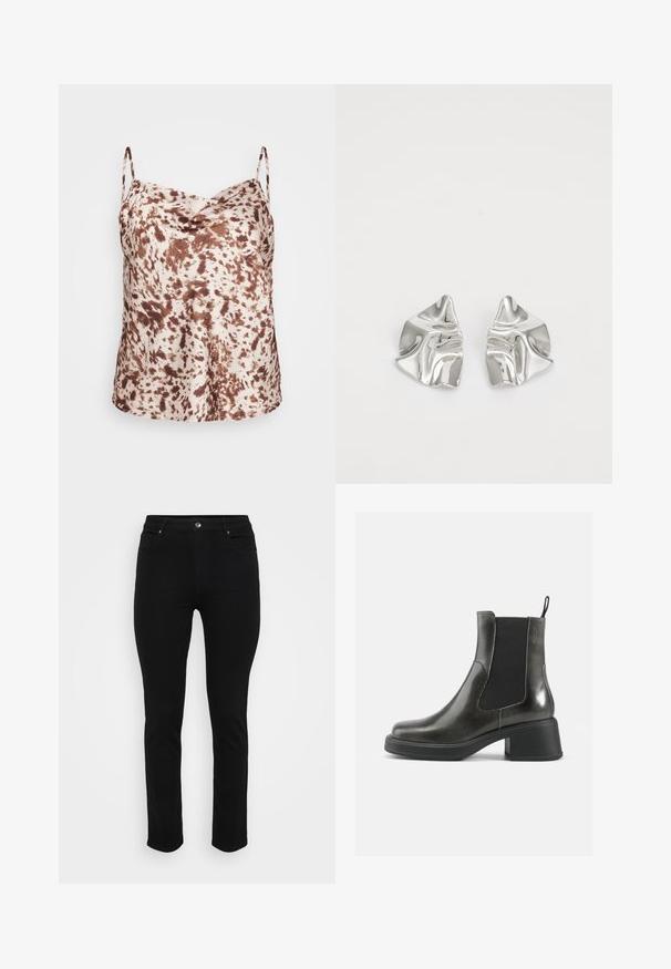 Camisola de cetim com manchas castanhas e crème, com alças finas e decote drapeado, textura suave e corte descontraído.; Jeans de ganga pretos com um corte slim, design de cinco bolsos, fecho frontal por botão e ligeira elasticidade para conforto. Textura lisa e plana com detalhes mínimos.; Botas de tornozelo em couro negro com um acabamento liso, painéis laterais elásticos e um salto robusto. Apresentam uma alça na parte de trás para facilitar o calçar.; Brincos de metal prateado com um design ondulante e escultural, apresentando um acabamento polido e formas irregulares, destacando uma estética contemporânea.