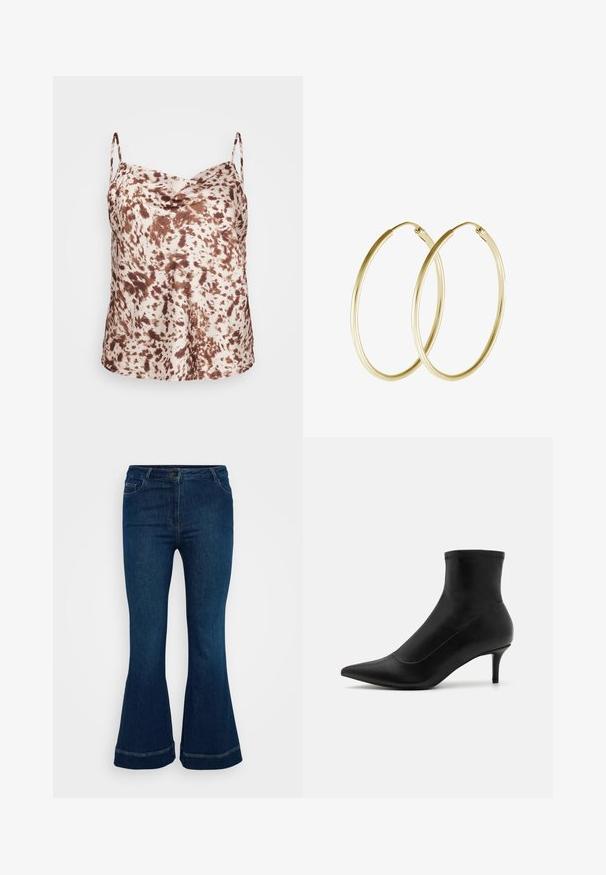 Ruda ir kreminė dėmėta satino camisole su plonomis petnešėlėmis ir suglebusią iškirpte, švelni tekstūra ir laisvas siluetas.; Tamsiai mėlynos platėjančios džinsinės kelnės, pagamintos iš džinsinio audinio, turinčios penkias kišenes, mygtuko užsegimą ir kontrastingas siūles apačioje.; Juodi kulkšniniai batai, pagaminti iš lygaus odos, su smailiu pirštu ir trumpu, plonu kulnu. Pasižymi vientisu dizainu ir subtiliais siuvinėjimo akcentais.; Aukso auskarai žiedai su lygia, apvali forma ir blizgiu paviršiumi. Lengva konstrukcija su saugiu užsegimu.