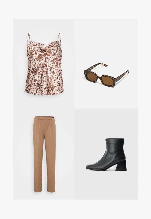 Καφέ και κρεμ ριγέ σατέν καμισόλι με λεπτές τιράντες και αέρινο ντεκολτέ, λεία υφή και άνετη εφαρμογή.; Καφέ ραμμένα παντελόνια με ίσια γραμμή, διαθέτουν κλείσιμο με ένα κουμπί και πιέτες στο μπροστινό μέρος. Λείος υφή, μινιμαλιστικό στυλ.; Μαύρη δερμάτινη μπότες έως τον αστράγαλο με τετράγωνη μύτη, πλαϊνό φερμουάρ και τετράγωνη τακούνι σε απλή ανοιχτόχρωμη φόντο.; Γυαλιά ηλίου από καβουρδισμένο κέλυφος με στρογγυλό, χοντρό σκελετό και καφέ φακούς. Διαθέτουν διακριτά σχέδια και ευθείες, κομμένες βραχίονες.