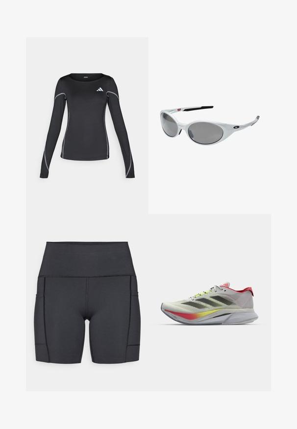 Black long-sleeve athletic shirt with a crew neckline and reflective silver stitching. Features a small white logo on the upper left.; Black high-waisted shorts made of stretchy fabric, featuring side pockets, flat seams, and a smooth texture for comfort during activities.; Lightweight running shoes in light gray with a red accent; features a breathable mesh upper, black stripes, and a colorful gradient sole.; White plastic sunglasses with large oval lenses, gray tinted. Features black ear grips and a small logo on the frame. Smooth finish.