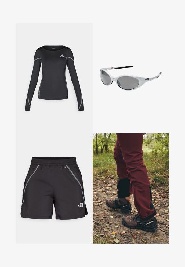 Czarny, długi rękaw, sportowa koszulka z okrągłym dekoltem i odblaskowym srebrnym przeszyciem. Posiada małe, białe logo w górnym lewym rogu.; Czarne szorty sportowe wykonane z lekkiego materiału mają elastyczny pas, odblaskowe detale oraz logo "The North Face" po lewej stronie.; Brązowe buty trekkingowe z czarnymi akcentami i wytrzymałymi podeszwami, w połączeniu z bordowymi spodniami wodoodpornymi z czarnymi panelami i zamkami błyskawicznymi.; Białe plastikowe okulary przeciwsłoneczne z dużymi owalnymi soczewkami o szarym zabarwieniu. Posiadają czarne wkładki na uszy oraz małe logo na ramce. Gładkie wykończenie.