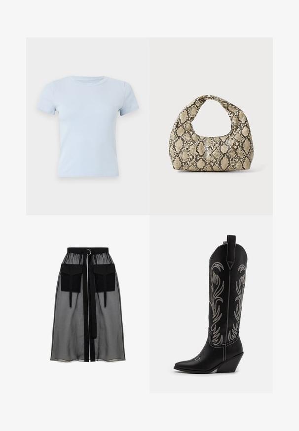 Világoskék pamut póló, rövid ujjal, kerek nyakkivágással, testhezálló fazonnal, sima textúrával, minimális varrással, látható minták vagy grafikák nélkül.; Fekete áttetsző szoknya ráncolt derékrésszel, két nagy elülső zsebbel, derékpánttal és kör alakú fém díszítéssel.; Fekete bőr cowboy csizmák hegyes orral, wedge sarkakkal és ezüst hímzett virágmintákkal a szár mentén. Kontraszt varrás az egész csizmán.; Kígyómintás kézitáska ívelt fogantyúval. Texturált, bézs és barna anyagból készült, jellegzetes gyémántmintával.
