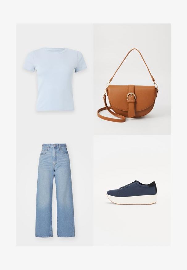 Šviesiai mėlynas medvilninis marškinėlis, trumpomis rankovėmis, apvaliu kaklu, prigludusio silueto, lygaus paviršiaus, minimaliu siuvimu, be matomų raštų ar grafikų.; Šviesiai mėlynos aukšto liemens plačios kojos džinsai su priekiniais užtrauktukais ir sagom, priekinėmis ir galinėmis kišenėmis, ant baltos fono.; Tamsiai mėlynas sportinis batelis su tekstūruotu audiniu viršuje, baltu platformos padu, apvaliu pirštu ir juodu kulno akcentu.š. Yra šešios skylės raišteliams.; Ruda odinė kryžminė rankinė, turinti kreivą formą, auksinius metalinius elementus ir sagtį. Yra nuimama petneša.