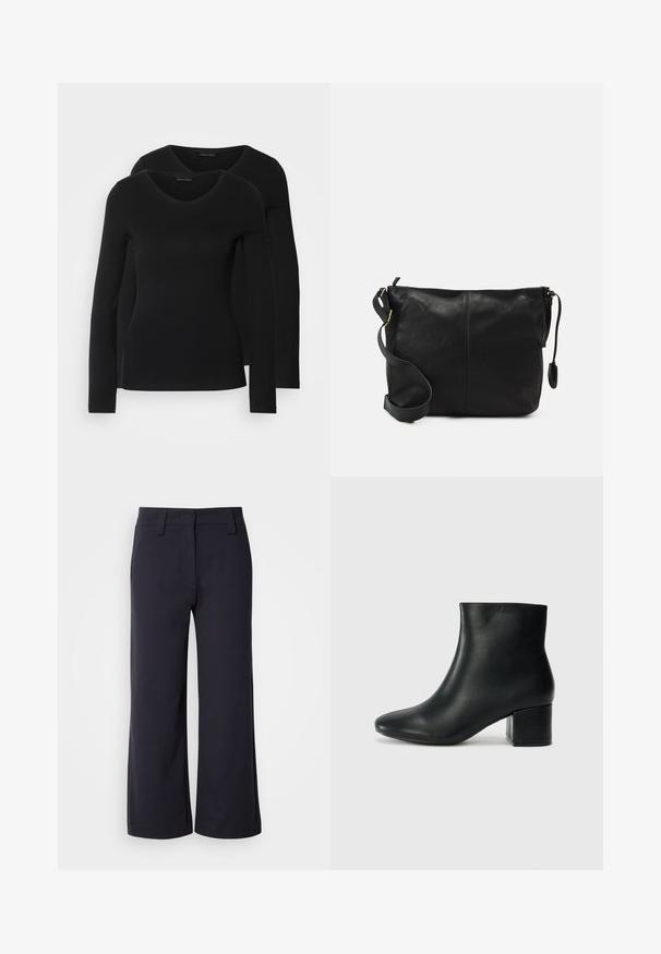 Zwei schwarze Langarmshirts mit V-Ausschnitt, aus weichem, dehnbarem Stoff, der eine glatte Textur und eine figurbetonte Passform zeigt.; Weite Hosen aus dunklem Marineblau. Mit flachem Bund, Gürtelschlaufen und seitlichen Taschen. Das Material ist glatt und hat einen leichten Stretch.; Schwarze Leder-Ankle-Boots mit spitzem Zehenbereich und klobigem Absatz. Glatte Textur mit minimalen Akzenten und einem eleganten, taillierten Design.; Schwarze Leder-Umhängetasche mit flacher Form, goldenen Hardware-Details und einem verstellbaren Tragegurt. Glatte Textur mit minimalen Nähten.