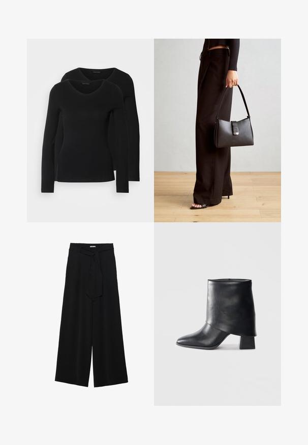 Duas camisetas pretas de manga longa com design em V, feitas de um tecido macio e elástico, apresentando uma textura suave e um formato ajustado.; Calças largas pretas com um tecido texturizado, uma cintura elástica e um laço destacável na cintura para um ajuste ajustável.; Bota de tornozelo em couro preto com bico afilado, textura suave e um salto bloco estruturado. Apresenta um design de cano alto e dobrado.; Bolsa preta com forma estruturada, textura suave e um fecho metálico. Combinada com calças largas pretas e sandálias de salto aberto sobre um chão de madeira.
