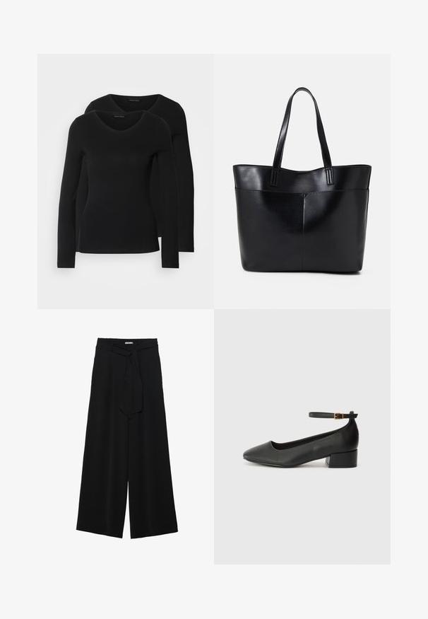 Två svarta långärmade tröjor med V-ringning, tillverkade av mjukt, stretchy tyg, som visar en slät textur och en figursydd form.; Svarta vida byxor med texturerad tyg, elastisk midja och en avtagbar käppknut i midjan för justerbar passform.; Svart läderpump med spetsig tå och en låg klack. Har en ankelsnodd med en guldtonad spänne. Slät textur.; Svart läder tote-väska med två långa handtag, en slät yta och en strukturerad form. Har en framficka för extra förvaring.