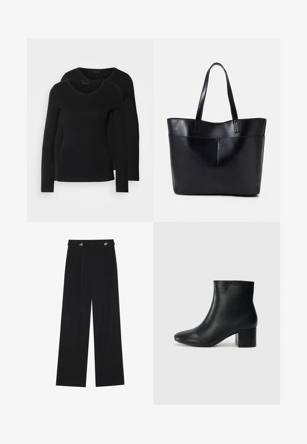 Two black long-sleeve shirts with a V-neck design, made of soft, stretchy fabric, showing smooth texture and a fitted shape.; Black wide-leg trousers with high waist, button details on waistband, and front pleats.; Black leather ankle boots with a pointed toe and a chunky heel. Smooth texture with minimal accents and a sleek, fitted design.; Black leather tote bag with two long handles, a smooth texture, and a structured shape. Features a front pocket for additional storage.