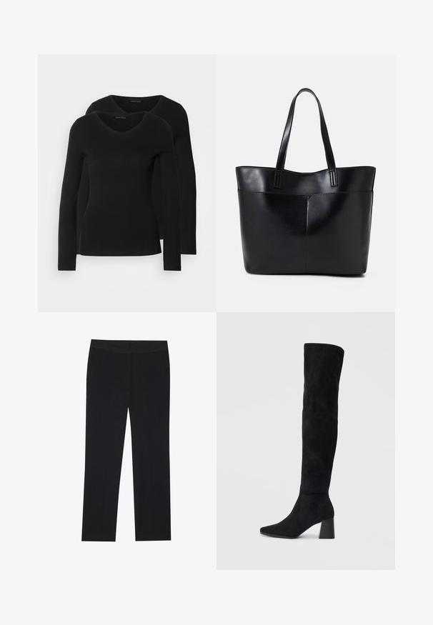 Dwie czarne koszule z długim rękawem o designie w kształcie litery V, wykonane z miękkiego, elastycznego materiału, o gładkiej teksturze i dopasowanym kroju.; Czarne spodnie o prostym kroju nogawki, z bocznymi kieszeniami i gładką strukturą materiału. Minimalistyczne detale, czysty pas. ; Czarne zamszowe botki do kolan na kwadratowym obcasie, z wydłużonym noskiem i gładkim, bezszwowym wzorem na jednolitym jasnym tle.; Czarna skórzana torba na ramię z dwoma długimi uchwytami, gładką teksturą i sztywną formą. Posiada przednią kieszeń dla dodatkowego przechowywania.