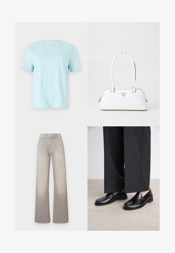 Hele sinine puuvillane t-särk lühikeste varrukatega, ümar kaelus ja ees peenelt tikitud 'Calvin Klein' logo.; Hallide lai püksid hallis toonis, kahvatu viimistlusega, nööbiga kinnitamine, viie tasku disain ja õmbluste äärtes kaunistus.; Mustadest nahast loaferdest on sile pind, õmmeldud detaile varvaste ümber ja madal kummitald. Kombineeritud laia musta pükste jaoks.; Valge nahast käekott, millel on kumer kuju, hõbedane kolmnurkne logo ja lukk. Sile tekstuur ja kaks sangat.