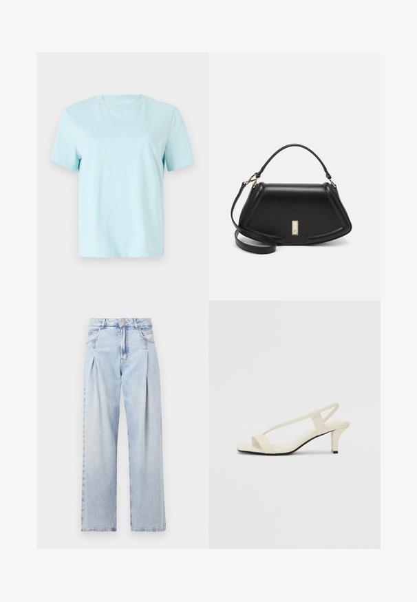 Camiseta de algodón azul claro con mangas cortas, cuello redondo y sutil logo bordado de 'Calvin Klein' en la parte delantera.; Jeans de mezclilla azul claros con cintura alta, corte de pierna ancha, dos bolsillos laterales y un diseño plisado. Textura suave con un acabado deslavado.; Sandalias de tacón cuadrado en color beige con tiras delgadas y punta cuadrada. Material suave con un diseño minimalista, diseñado para facilitar su uso.; Bolso de mano de cuero negro con un diseño estructurado, que presenta una forma recortada, asa superior y acentos en dorado. Correa de hombro ajustable incluida.