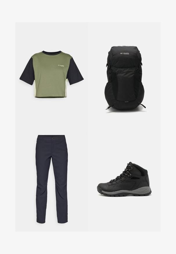 Trumpas rankovėmis, trumpas marškinėlis su žaliu priekiu, juodomis rankovėmis ir kontrastingomis šoninėmis dalimis. Krūtinėje yra logotipas.; Tamsiai mėlynos kelnės, pagamintos iš lygaus audinio, su priekiniais mygtukais, lieknos silueto ir raukšlėmis ant kelių.; Juodas žygio botas su vidutinio aukščio dizainu, pasižymintis tekstūruota viršutine dalimi, pilkų akcentų ir patvaria guma padanga su sukibimo gumbais.; Juodas kuprinė su apvaliu viršumi, pagaminta iš patvarios medžiagos. Yra šoniniai tinkliniai kišeniai ir lietaus apsaugos etiketas apačioje.