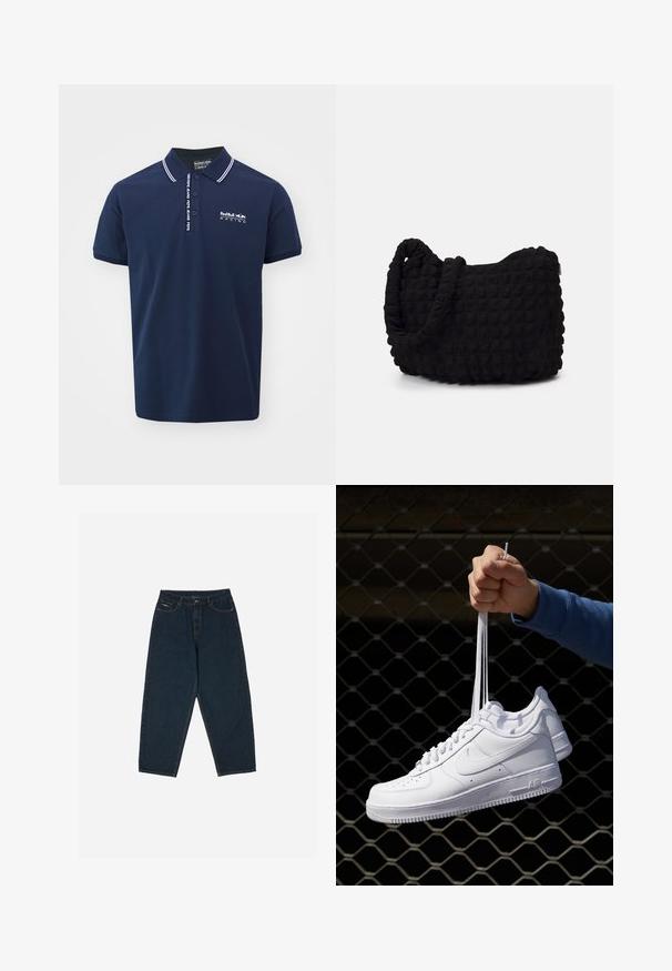 Granatowa koszulka polo z białym kołnierzykiem i akcentami na rękawach. Z przodu widnieje logo "RedBull Racing" w kolorze białym. Wykonana z wygodnej bawełny.; Granatowe spodnie z wysokim stanem o luźnym kroju, z pięcioma kieszeniami i zapięciem na guzik. Wykonane z denimu o gładkiej teksturze.; Białe skórzane sneakersy z perforacjami, okrągłym noskiem, płaską podeszwą i grubymi sznurówkami, z widocznym logo swoosh i napisem „AIR” na pięcie.; Czarna torba z materiału o fakturowanym, pikowanym wzorze. Owalny kształt, krótkie, grube rączki oraz miękka, elastyczna struktura.