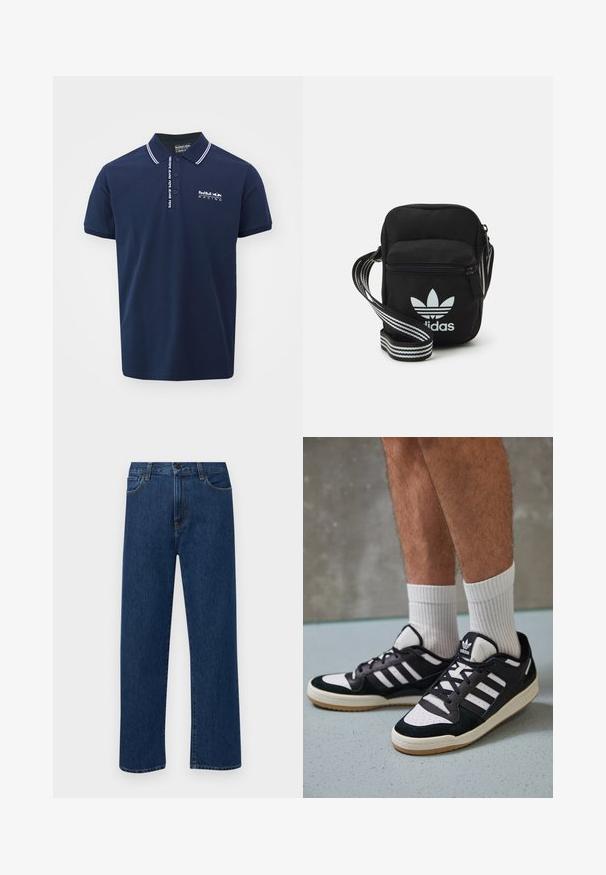 Tumši zils polo krekls ar baltu apkakli un piedurkņu akcentiem. Priekšā ir redzams "RedBull Racing" logo baltā krāsā. Izgatavots no ērta kokvilnas auduma.; Tumši zilas taisnas kājas denim bikses ar priekšējām kabatām un pogu aizdari, izvietotas uz vienkārša baltā fona.; Melnas un baltas kedas ar zamša un ādas augšdaļu, kas aprīkotas ar trim baltām svītrām, perforētu purngali un gumijas zolēm.; Melna auduma crossbody soma ar rāvējslēdzēja aizdari, kurai ir balts Adidas logo un svītrainas regulējamas siksnas ērtiem pārvietošanās veidiem.