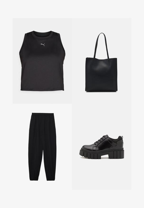 Črni brezrokavnik športni crop top iz gladkega materiala, z okroglo ovratnikom in majhnim srebrnim logotipom Puma na prsih.; Črne, lahke hlače z elastičnim pasom in nabranimi gležnji. Tkanina je gladka in ima sproščen, taperiran dizajn.; Črne usnjene platforme z debelim blokastim petam, okroglo konico in klasičnim vezanjem. Imajo gladko teksturo in minimalne podrobnosti.; Črna usnjena torba s svilnato teksturo, pravokotne oblike in dvema dolgima ročajema. Brez vidnih metalnih delov ali okrasnih elementov.