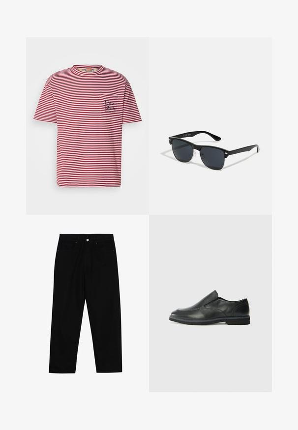 Rød og hvit stripete T-skjorte med rund hals. Har en lommekasse på venstre bryst med brodert tekst. Laget av bomull.; Sorte denimbukser med rett benklipp, fem-lomme design og frontknappåpning. Jevn tekstur med minimale sømdetaljer.; Sorte skinn slip-on sko med en jevn overflate, stikking detaljer, rund tå og en lav gummihæl. Sålen har minimal mønstring.; Sorte solbriller med rektangulær form, mørke linser, sølvfargede detaljer ved templene, og en matt finish på rammen.