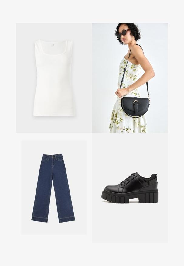White ribbed tank top featuring a square neckline and the word "GAP" embossed in matching color across the front.; Wide-leg jeans in dark blue denim. Features five pockets, belt loops, and a raw hem at the bottom with visible stitching details.; Black leather platform shoes with a chunky block heel, round toe, and traditional lace-up design. Features smooth texture and minimal detailing.; Black leather handbag with a curved shape, detachable strap, and gold hardware. The bag features a flap with a buckle detail.