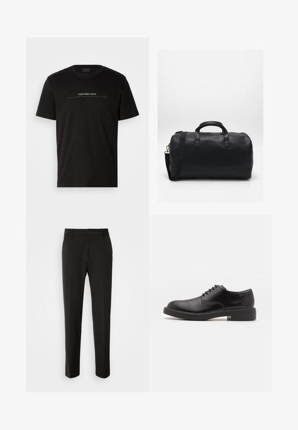 Melna kokvilnas T-kreklu ar īsām piedurknēm un apaļu kakla izgriezumu. Priekšpusē ir balta uzraksts "Calvin Klein Jeans" un "IESTĀDĪTS SEPTIŅDESMIT ASTOTAJĀ".; Melnas bikses no gludas auduma ar taisnām kājām, pogu aizdari un klasisku dizainu, kas piemērots gan formālai, gan ikdienišķai valkāšanai.; Melna āda sašūta kurpe ar noapaļotu purngalu, gludu tekstūru, minimālu šuvju skaitu un zemu gumijas papēdi. Logo uz papēža.; Melna sporta soma, izgatavota no teksturēta sintētiska materiāla. Iekļauj divas rokturus un regulējamu plecu siksnu. Vienkāršs dizains bez redzamām rakstu zīmēm.