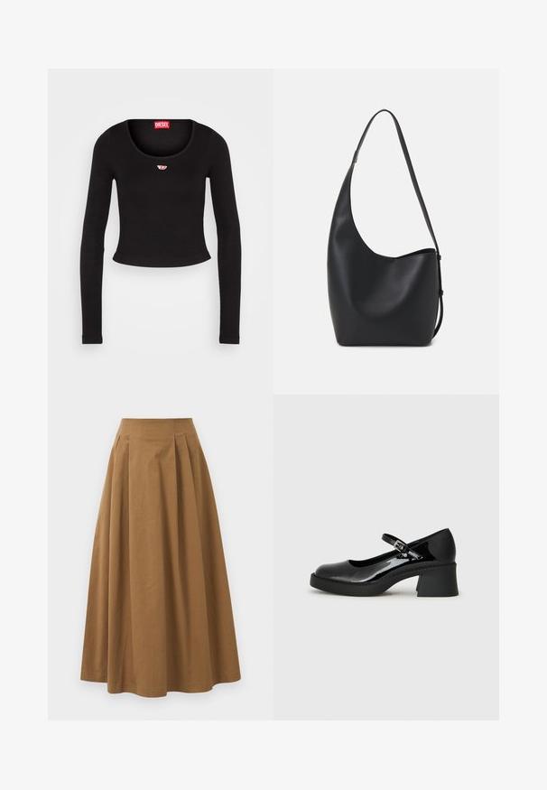 Black long-sleeve crop top made from ribbed fabric. Features a scoop neckline and a small red and white logo patch on the chest.; Brown cotton A-line skirt with a high waist, featuring pleats down the front and a smooth texture. Hem finishes are clean and simple.; Black patent leather Mary Jane shoe with a rounded toe, adjustable strap, and a chunky square heel. Features a textured sole.; Black leather hobo bag with a smooth texture, curved shape, and single adjustable strap; features a wide opening at the top.