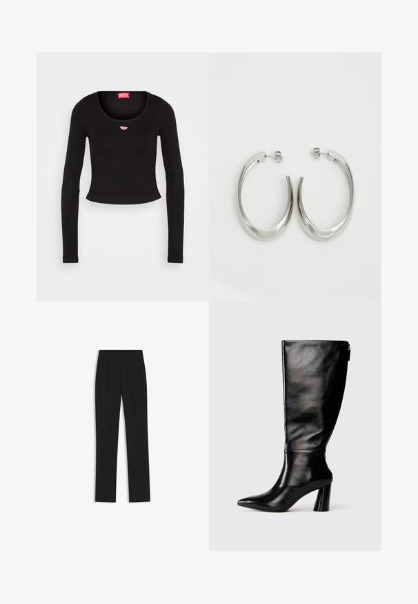 Schwarzes Langarm-Crop-Top aus geripptem Stoff. Verfügt über einen Rundhalsausschnitt und ein kleines rot-weißes Logopatch auf der Brust.; Schwarze maßgeschneiderte Hose mit geradem Bein, ausgestattet mit Fronttaschen und einem glatten, strukturierten Stoff. Saubere, minimale Details.; Knöchelhohe schwarze Lederstiefel mit einer spitzen Zehe, glatter Oberfläche und einem klobigen Absatz. Verfügt über einen Reißverschluss hinten.; Silberne Creolen mit einem glatten, geschwungenen Design. Mit einem glänzenden metallischen Finish und Steckverschluss. Keine sichtbaren Muster oder Akzente.