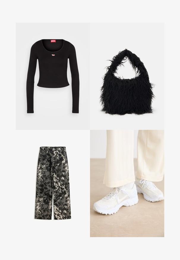 Zwarte lange mouw crop top van ribstof. Voorzien van een ronde halslijn en een klein rood-wit logo op de borst.; Mid-rise wijde broek in een textuurpatroon van zwart-witte bloemen op een grijze achtergrond, met een klassieke tailleband en zijzakken.; Witte sport sneakers met een mesh ontwerp, textuurvlakken en ondersteunende zolen. Veters en subtiele merkdetails aan de zijkant.; Even&Odd Shopper - black