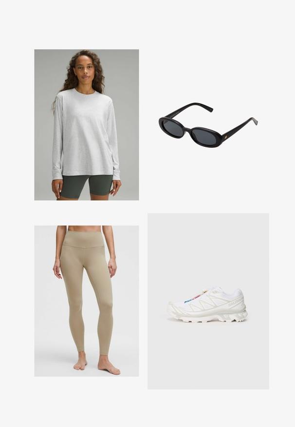 Jasnoszara, długosleeve'owa koszula z miękkiego, teksturowanego materiału, z okrągłym dekoltem i luźnym krojem, zestawiona z ciemnozielonymi szortami.; Beżowe leginsy w wysokim stanem, wykonane z elastycznego materiału, o gładkiej teksturze i bez widocznych wzorów czy elementów metalowych.; Białe buty sportowe z teksturowaną siateczką, odblaskowymi akcentami i wyprofilowaną podeszwą. Zauważalne logo marki z boku.; Czarne, oversize okulary przeciwsłoneczne z owalnymi soczewkami, gładkim plastikowym mostkiem i złotymi akcentami na zausznikach. Ciemne soczewki zapewniają ochronę przed słońcem.