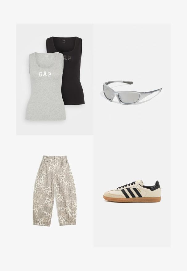 GAP - Top; Spodnie w panterkę w jasnym beżowym kolorze, z wysokim stanem, szerokimi nogawkami i dwiema przednimi kieszeniami. Wykonane z gładkiego materiału.; Beżowe buty sportowe z czarnymi paskami, gumową podeszwą i czarnymi akcentami. Posiadają górną część z gładkiej skóry oraz okrągły kształt noska.; Szare okulary przeciwsłoneczne z elegancką, lekką plastikową ramką. Wyposażone w przyciemniane szare soczewki oraz teksturowane boczne akcenty dla lepszego uchwytu.; Czarna i srebrna torba adidas o gładkiej fakturze, z błyszczącym wzorem z ćwieków i charakterystycznym, zakrzywionym kształtem.