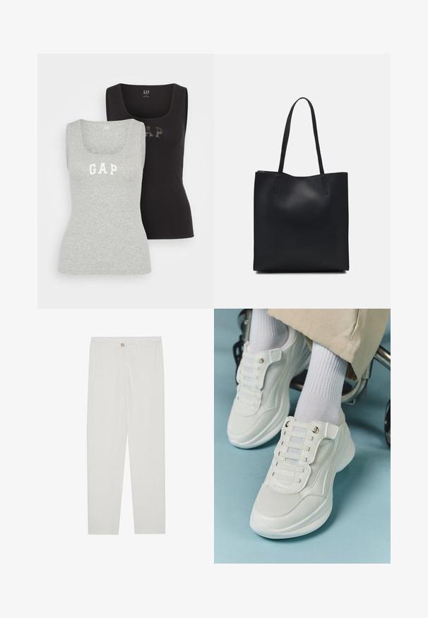 GAP TANK 2 PACK - Top - black/grey; Weisse, maßgeschneiderte Hosen mit geradem Bein, die über einen Knopfverschluss, Gürtelschlaufen und Seitentaschen verfügen; glatte Stoffoberfläche.; Weiße Sneaker aus Mesh-Material, mit Gummisohle, schnürfreiem Design mit elastischen Bändern und goldfarbenen Akzenten.; Schwarze Laptoptasche aus Leder mit glatter Textur, rechteckiger Form und zwei langen Griffen. Keine sichtbaren Beschläge oder Verzierungen.