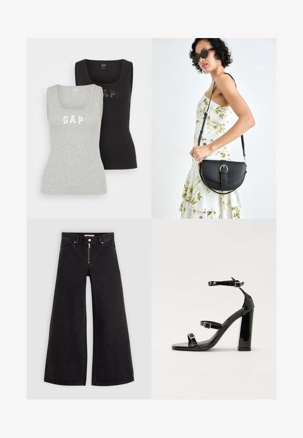GAP TANK 2 PACK - Top - black/grey; Calças de ganga de perna larga em denim preto com fecho éclair à frente, design de cinco bolsos e detalhes de costura subtil. Textura suave e estilo casual.; Sandálias de tacão preto laqueadas com bico quadrado, tiras para o tornozelo e fivelas prateadas. Apresentam um salto bloco chunky para estabilidade.; Bolsa de couro preta com forma curva, alça destacável e detalhes em dourado. A bolsa possui uma aba com detalhe de fivela.