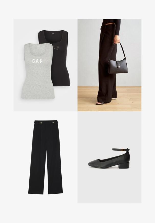 GAP TANK 2 PACK - Top - black/grey; Black wide-leg trousers with high waist, button details on waistband, and front pleats.; Black leather pump with a pointed toe and a low block heel. Features an ankle strap with a gold-tone buckle. Smooth texture.; Black handbag with structured shape, smooth texture, and a metallic clasp. Paired with wide black pants and open-toe sandals on wooden floor.
