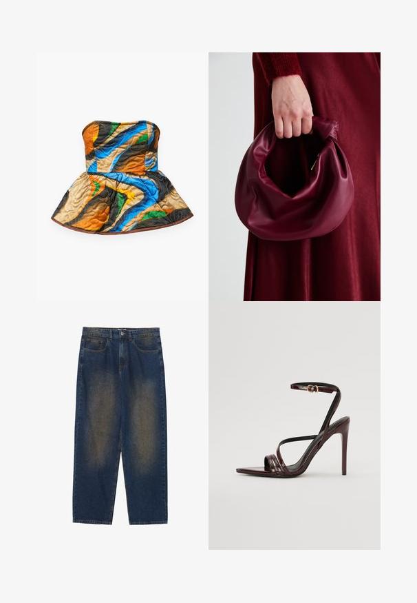 Haut bustier matelassé avec un design peplum. Présente des motifs colorés en orange, bleu, vert et marron sur un tissu texturé.; Pantalon en denim bleu avec une coupe décontractée, lavage moyen, cinq poches, fermeture à bouton et sections légèrement délavées à l'avant.; Sandale à talons hauts en cuir verni bourgogne avec une bride de cheville, bout pointu et trois bandes horizontales sur le pied. Détail de boucle dorée.; Sac à main en cuir bordeaux au design doux et froncé, avec une forme arrondie. La poignée est fixée, mettant en valeur une texture lisse.