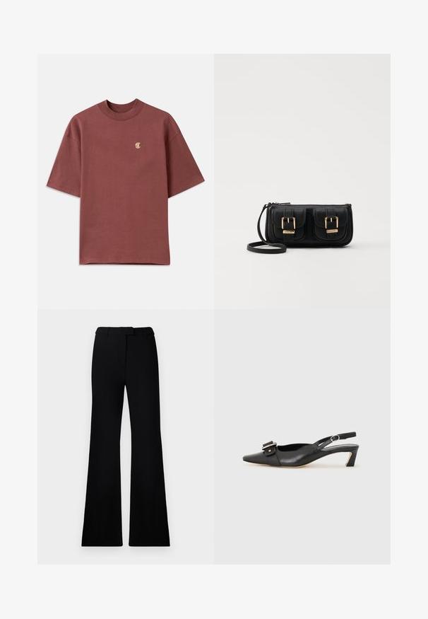 Maroon cotton t-shirt with a relaxed fit, short sleeves, and a round neck. Features a small gold "C" logo on the left chest.; Black flared pants featuring a smooth texture, tailored waistband, and front pockets, designed with a sleek, modern silhouette.; Black leather slingback shoe with pointed toe, small heel, and decorative buckle detail on the upper. Smooth texture, minimalistic design.; Black leather crossbody bag with two front pockets, gold buckles, zipper closure, and a slim strap. Textured surface and compact rectangular shape.
