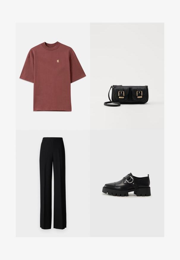 Krátky rukáv marónový tričko z bavlny, s okrúhlym výstrihom a malým zlatým vyšitým logom na ľavej hrudi.; Čierne široké nohavice s hladkým povrchom, s vysokým pásom a stredovými skladmi. Žiadne viditeľné vzory ani hardvérové detaily.; Čierne kožené topánky s hrubou, rebrovanou podrážkou, vyznačujúce sa okrúhlou striebornou kovovou ozdobou a minimálnym prešívaním.; Čierna kožená crossbody taška s dvoma prednými vreckami, zlatými sponami, zipsovým uzatváraním a úzkym popruhom. Štruktúrovaný povrch a kompaktný obdĺžnikový tvar.