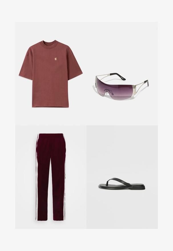 Tricou din bumbac, cu mânecă scurtă, de culoare vișinie, cu guler rotund și un mic logo brodat în aur pe pieptul stâng.; Pantaloni atletici burgundii cu talie ajustabilă, dungi albe pe laterale și o croială slim. Confecționați dintr-un material neted și ușor.; Sandale negre din piele netedă, cu un design cu curea subțire și o talpă plată cu un profil minimalist. Fără modele sau accente notabile.; Ochelari de soare cu o lentilă mare, curbă, de culoare mov, accente metalice argintii și brate negre cu un logo. Detalii texturate pe ramă sunt vizibile.