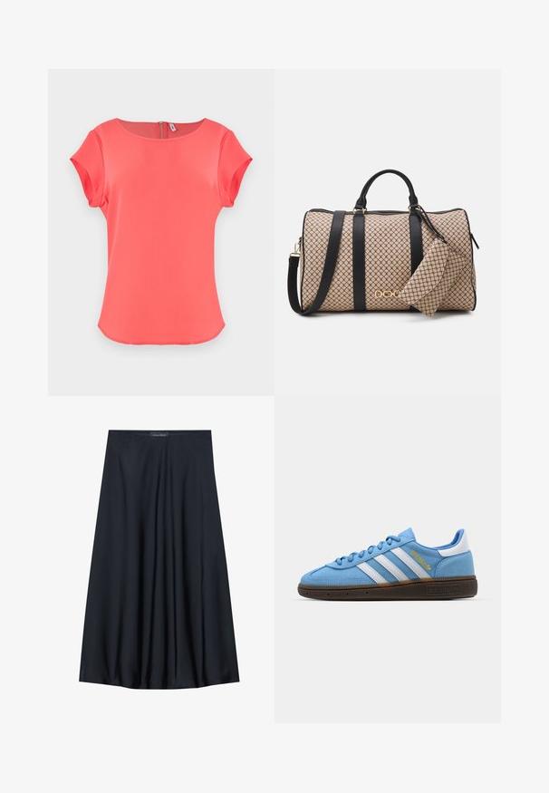 Coral short-sleeve top with a round neckline, smooth texture, and a back zipper closure. Simple, clean design with a slightly curved hem.; Sleeveless yellow top with a textured finish and a gathered side detail. Soft fabric and a relaxed fit, featuring a straight hem.; Black, knee-length skirt made of lightweight fabric with a flowy design. Features a smooth texture and subtle pleats for added detail.; Light blue suede sneakers with white leather stripes, a brown textured sole, and gold logo detail. Low-top design with rounded toe.; Duffle bag with a beige patterned exterior, black leather straps, gold hardware, and a small matching pouch attached. Structured design.; Gold-tone rectangular wristwatch with a white dial, silver-tone hour markers, and a durable metal link bracelet. Water-resistant feature included.