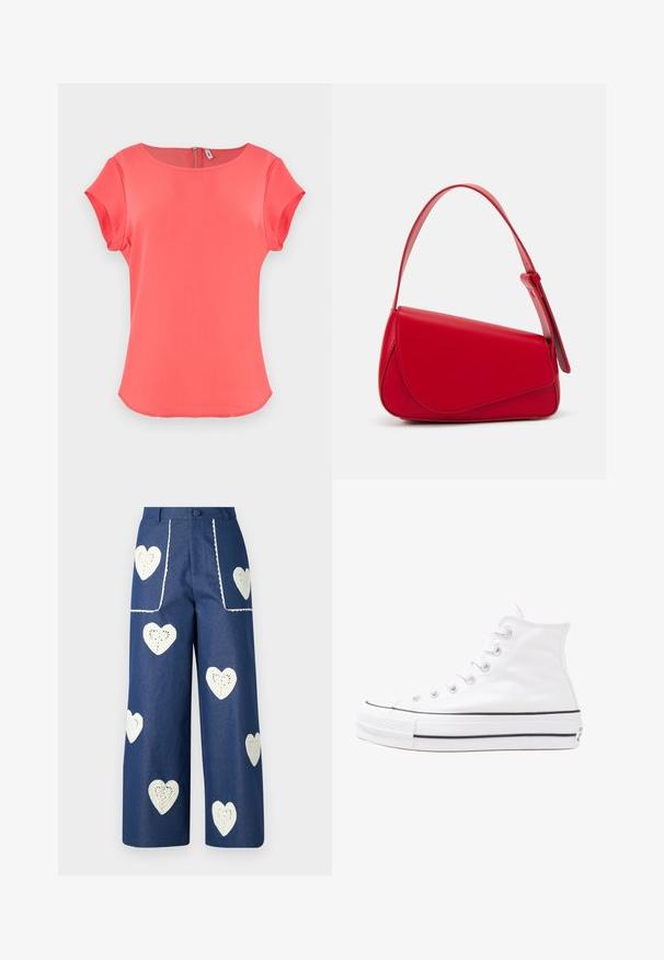 Top corallo a maniche corte con scollatura rotonda, texture liscia e chiusura con zip sul retro. Design semplice e pulito con orlo leggermente curvato.; Blusa floreale con maniche puff lunghe, base di un chiaro crema, caratterizzata da motivi floreali in viola, arancione e verde, con un classico design del colletto.; Sister Jane HEART TO HEART - Jeans a sigaretta - blue denim; Sneaker alta in tela bianca con suola in gomma nera, punta in gomma frontale e sei asole per i lacci, caratterizzata da un design pulito e minimalista.; Borsa a tracolla in pelle rossa con un design angolare e geometrico. Presenta una singola tracolla regolabile e una chiusura a patta con dettagli cuciti.