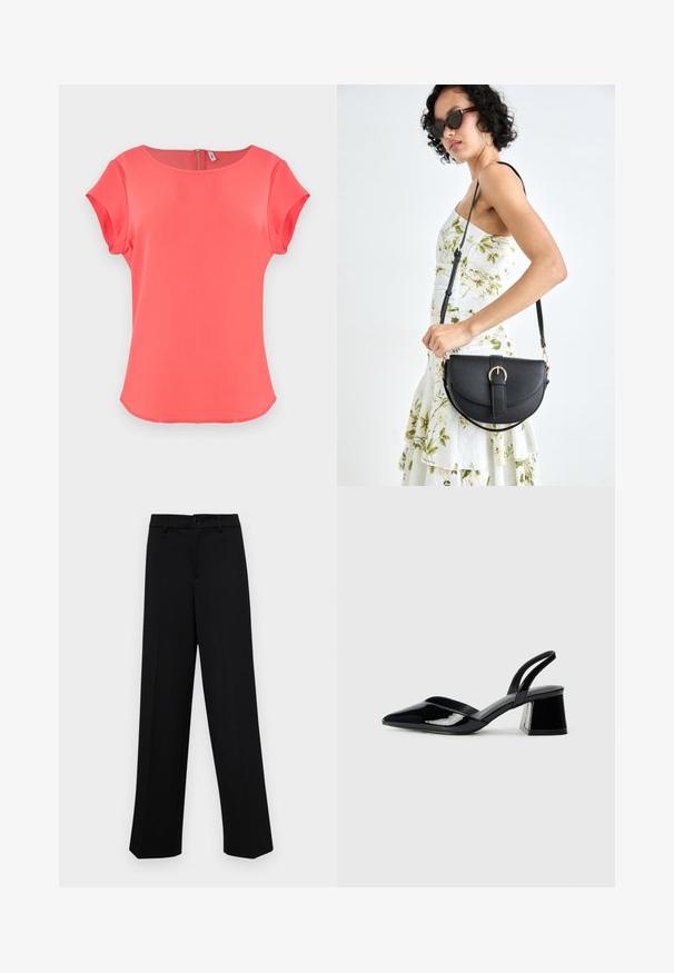 Coral short-sleeve top with a round neckline, smooth texture, and a back zipper closure. Simple, clean design with a slightly curved hem.; Black wide-leg trousers made of smooth fabric, featuring a classic waistband with a button closure and front pleats.; Black patent leather slingback heels with a pointed toe and a geometric block heel. Features a sleek, minimal design and smooth texture.; Black leather handbag with a curved shape, detachable strap, and gold hardware. The bag features a flap with a buckle detail.
