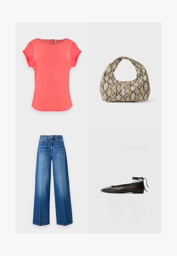 Korallivärvi lühikeste varrukatega topp ümarate kaelustega, sile tekstuur ja seljaosa tõmblukuga sulgemine. Lihtne, puhas disain kerge kumeriku äärisega.; Laiad joped, millel on keskmise sinise pesu värv, klassikaline viie tasku disain, vööloop ja lukuga sulgemine.; Must mustast balletijalatsid, millel on terav nina, pahkluu seotud ja lame tall, sujuva tekstuuri ning minimalistlik disain.; Musta käärmeprindiga kott kõveraga käepidemega. Valmistatud tekstiilsetest, beežidest ja pruunidest materjalidest, millel on iseloomulik rombikujuline muster.