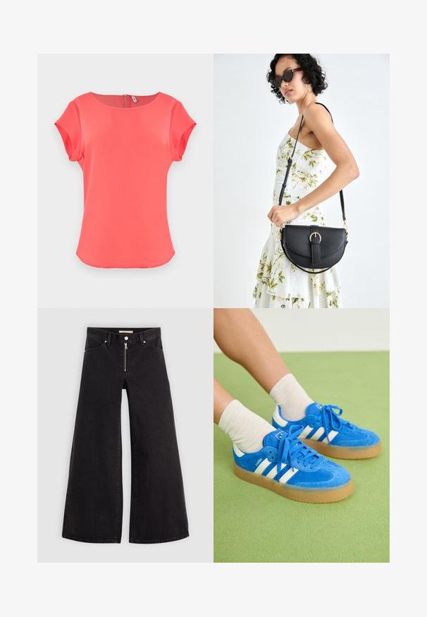 Top corto de color coral con mangas cortas y cuello redondo, de textura suave y cierre de cremallera en la parte posterior. Diseño simple y limpio con un dobladillo ligeramente curvado.; Jeans de pierna ancha en denim negro con cierre frontal, diseño de cinco bolsillos y detalles de costura sutiles. Textura suave y estilo casual.; Zapatillas de ante azul con franjas blancas, suela de goma, puntera redonda y cordones de tela. Combinadas con calcetines crema sobre una superficie verde.; Bolso de piel negra con forma curva, correa desmontable y herrajes dorados. El bolso cuenta con una solapa con un detalle de hebilla.