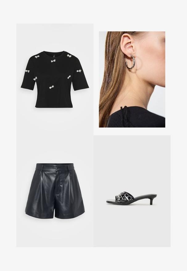 Melna kokvilnas T-krekls ar īsām piedurknēm un dekoratīvām baltām loku aplikācijām, kas izkaisītas pa priekšpusi un piedurknēm.; Melnas ādas šorti ar gludu tekstūru, piegriezumu, krokotām priekšpuses daļām un jostu cilpām; papildus ar slēptu rāvējslēdzēja kabatu sānos.; Melnas piekļuves sandales ar vairākiem spīdīgiem siksniņām un metāliskām akcentiem, ar smailu purngalu un pieklājīgiem kitten papēžiem. Gluda tekstūra.; Sudraba auskars ar pulētu apdari, ar maziem zelta akcentiem un apaļu formu, uz ausu ļipiņas.