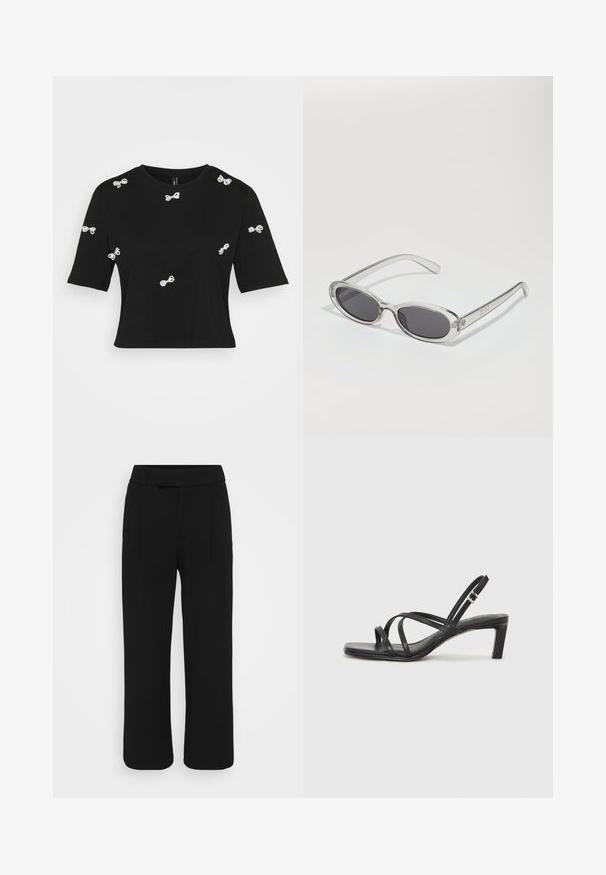 Camiseta preta de algodão com mangas curtas e aplicações decorativas de laços brancos espalhadas pela frente e mangas.; Calças largas pretas feitas de um tecido suave, com frente lisa, passantes para cinto e sem bolsos visíveis. Design limpo e estruturado.; Sandal de tiras pretas com biqueira quadrada e um pequeno salto bloco. Apresenta várias tiras finas e uma tira no tornozelo ajustável. Feito de couro liso.; Óculos de sol com formato oval, armação de plástico transparente, lentes cinza-escuro e hastes finas transparentes com detalhes do logótipo e um design minimalista.