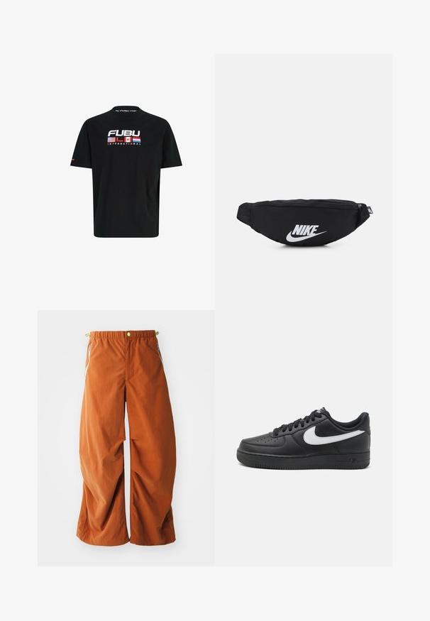Črna bombažna majica s kratkimi rokavi in okroglim izrezom. Ponaša se z belo, rdečo in modro blagovno znamko "FUBU", skupaj z zastavami ZDA, Kanade in Japonske.; Oranžne široke hlače z elastiko v pasu, stranskimi žepi na zadrgo in ohlapnim, teksturiranim materialom, zasnovane za udobje in gibljivost.; Črne Nike Air Force 1 športne copate z gladkim usnjenim zgornjim delom, belim logotipom, perforiranim prstnim delom in teksturiranim gumijastim podplatom.; Črna najlon fanny pakica z zadrgo, ki ima velik bel Nike logotip. Gladka tekstura in ergonomska zasnova za udobno nošenje.