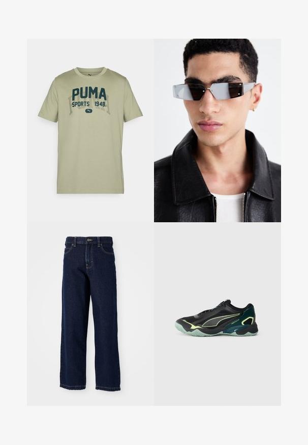 Lysegrøn bomulds t-shirt med korte ærmer, rund hals og mørkeblå PUMA tekstdesign, der har "SPORTS 1948" i en kontrastfarve.; Mørkeblå brede jeans lavet af denim med lige snit, fem-lomme design og afsluttende sting langs kanten.; Svarte atletiske sko med et tekstureret mesh-overdel, teal-accenter og en fleksibel grøn sål med zigzag-mønster. Snørebånd og forstærket tåboks.; Vinkelformede gråtonede solbriller med sølvhardware, sat mod en lys baggrund. Linsen har en unik geometrisk form.