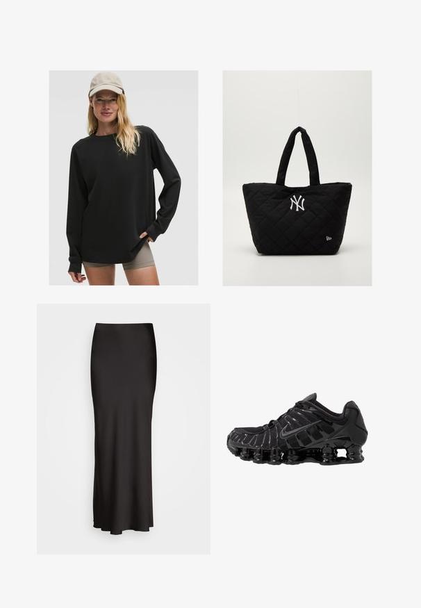 Schwarzes Langarmshirt mit Rundhalsausschnitt und lockerer Passform. Kombiniert mit hautfarbenen Shorts. Verfügt über eine weiche Textur und lange Ärmel.; Schwarzer, bodenlanger Satinrock mit glatter Textur, tailliertem Bund und A-Linien-Silhouette, ohne sichtbare Verzierungen oder Muster.; Schwarzer Sportschuh mit Mesh-Obermaterial und glänzenden Überzügen. Verfügt über eine geschwungene Spiraldämpfung und strukturierte Linien an der Seite. Nike-Logo sichtbar.; Gepolsterte schwarze Tragetasche mit doppelten Griffen, mit einem weißen Logo der New York Yankees und einem kleinen Markensymbol an der Seite.