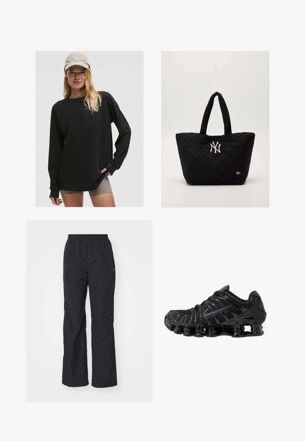 Schwarzes Langarmshirt mit Rundhalsausschnitt und lockerer Passform. Kombiniert mit hautfarbenen Shorts. Verfügt über eine weiche Textur und lange Ärmel.; Schwarze, leichte Hose mit elastischem Bund und Kordelzug. Verfügt über eine strukturierte Oberfläche und ein kleines reflektierendes Logo an der Seite.; Schwarzer Sportschuh mit Mesh-Obermaterial und glänzenden Überzügen. Verfügt über eine geschwungene Spiraldämpfung und strukturierte Linien an der Seite. Nike-Logo sichtbar.; Gepolsterte schwarze Tragetasche mit doppelten Griffen, mit einem weißen Logo der New York Yankees und einem kleinen Markensymbol an der Seite.