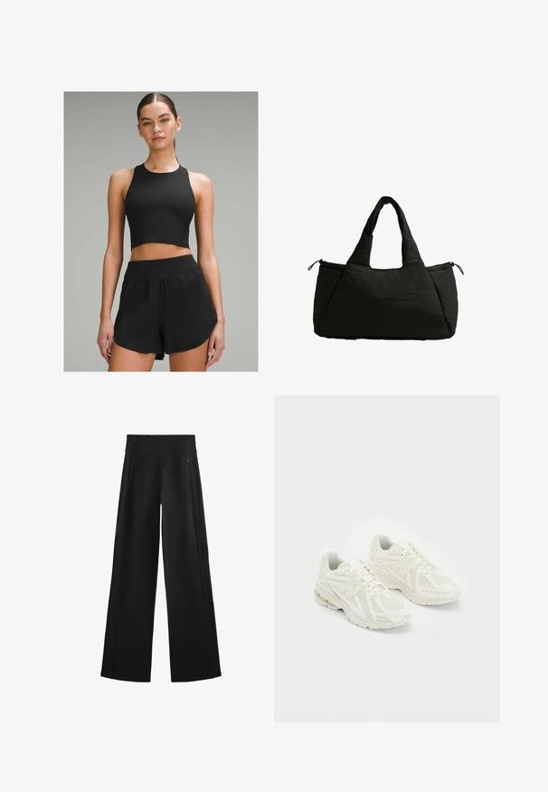 Fekete sportos crop top magas nyakkivágással, fekete rövidnadrággal párosítva, széles derékpánttal és oldalsó díszítéssel.; Széles szárú fekete nadrág puha anyagból, magas derékkal és két cipzáras zsebbbél, diszkrét varrással az oldalakon.; Fehér sportcipők hálós és szintetikus anyagokból, fűzős dizájn, párnázott bokarésszel és érdes talppal a tapadás érdekében. Könnyű felépítés.; Fekete táska pufi textúrával, két rövid fogantyúval és oldalzsebbel, amelyet húzózsinór rögzít. Egyszerű, szögletes forma.