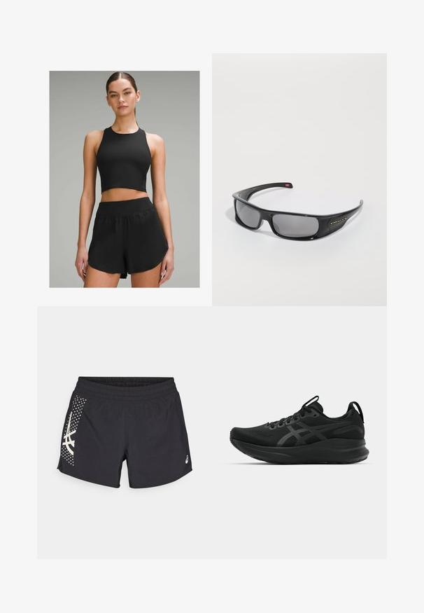 Sort atletisk crop top med høj hals, parret med sorte shorts med bred livkant og sideaccentdetaljer.; Sorte atletiske shorts med elastisk talje og et logo. Siden har et design med hvide accenter og et prikket mønster.; Sorte atletiske sko med en åndbar overdel, tekstureret stof, tyk sål og diskrete brandingsdetaljer. Snørebånd og trækstrop inkluderet.; Sorte Oakley wraparound solbriller med mørke rektangulære linser og bølgede arme på en helt hvid baggrund.