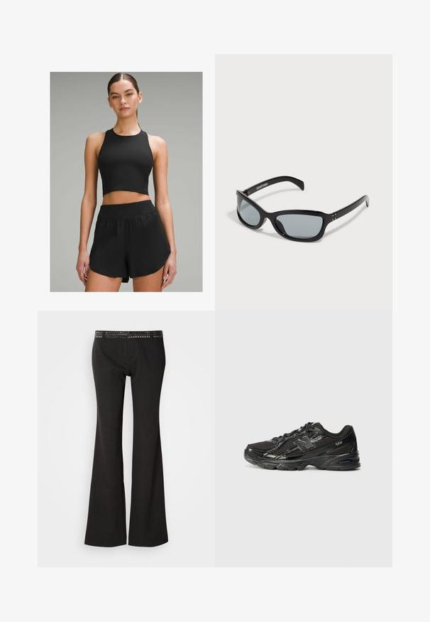 Top sport negru, cu guler înalt, asociat cu pantaloni scurți negri ce au o talie lată și detalii laterale decorative.; Pantaloni evazați negri cu talie texturată decorată cu nituri metalice. Țesătura are un luciu subtil și o finisare netedă.; Pantof de sport negru din materiale din plasă și sintetice, având vârful rotund, sistem de închidere cu șiret, talpă texturată și accente reflective.; Ochelari de soare negri cu un design elegant și unghiular. Au lentile gri și rame din plastic lucios. Includ accente metalice mici și branding pe braț.